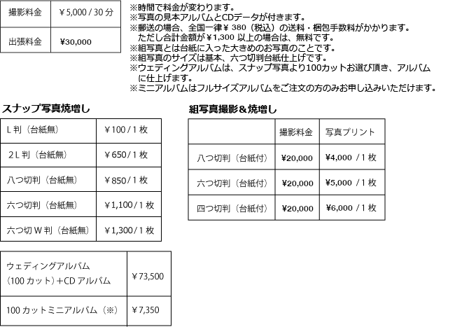 ウェディング写真料金